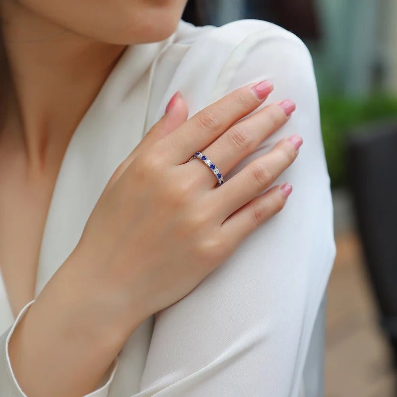 Moissanite & Blue Sapphire Alternating Ring | 925 Silver 18K Gold Plated | GRA Certified
