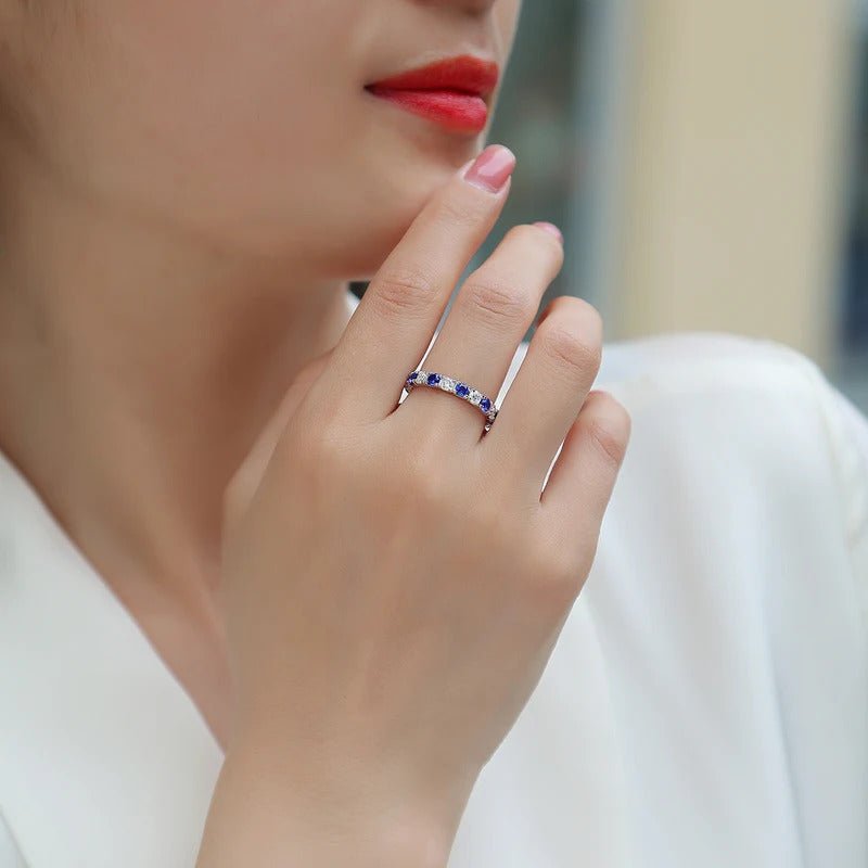 Moissanite & Blue Sapphire Alternating Ring | 925 Silver 18K Gold Plated | GRA Certified
