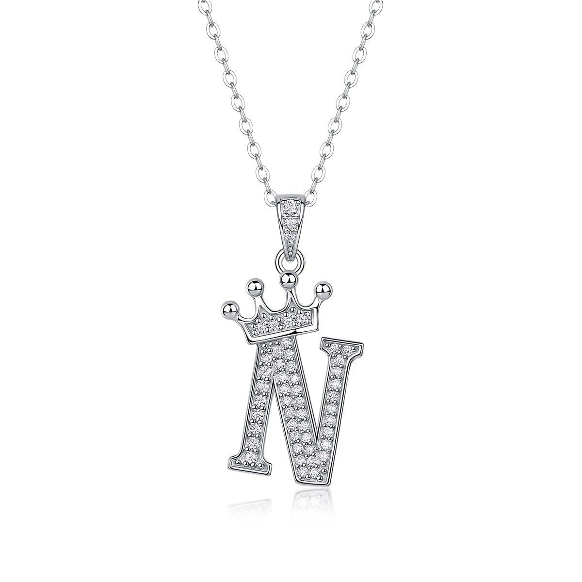 Moissanite Crown Alphabet Pendant Necklace | S925 Silver 18K Gold Plated | 35 VVS1 Stones | A–Z | Charmsolo