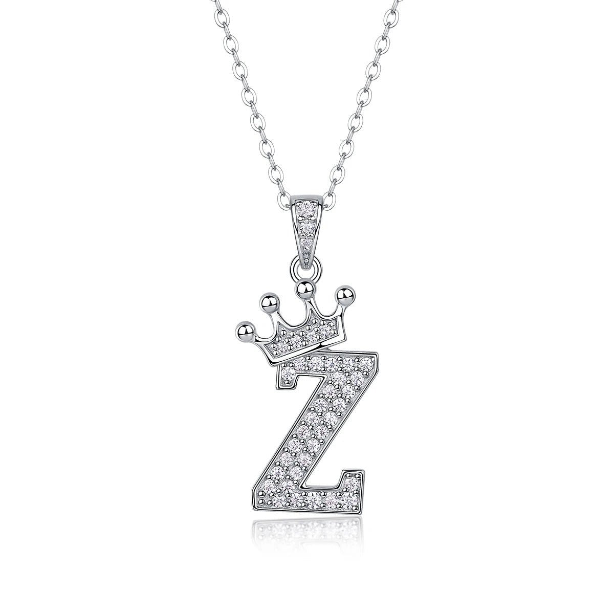 Moissanite Crown Alphabet Pendant Necklace | S925 Silver 18K Gold Plated | 35 VVS1 Stones | A–Z | Charmsolo