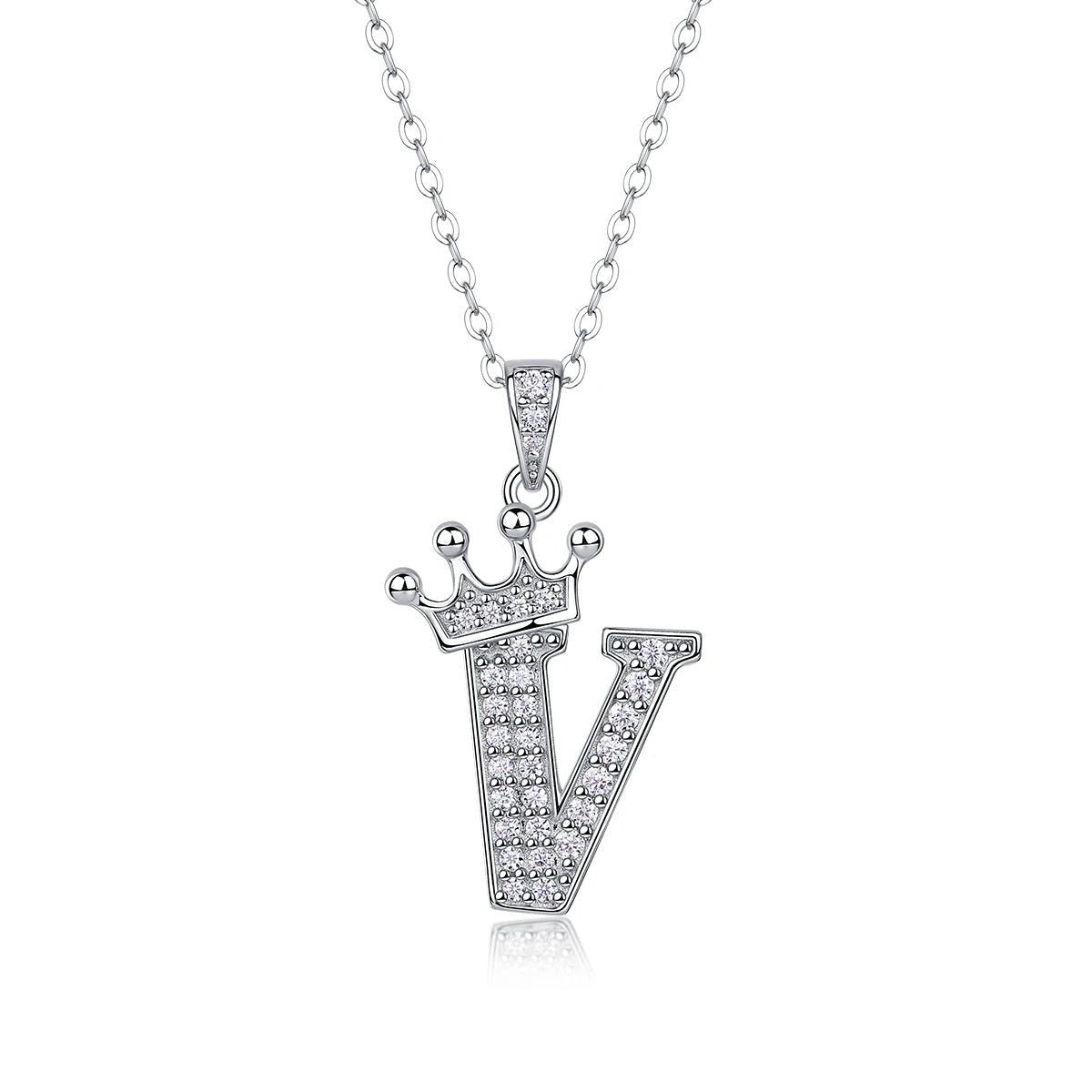 Moissanite Crown Alphabet Pendant Necklace | S925 Silver 18K Gold Plated | 35 VVS1 Stones | A–Z | Charmsolo