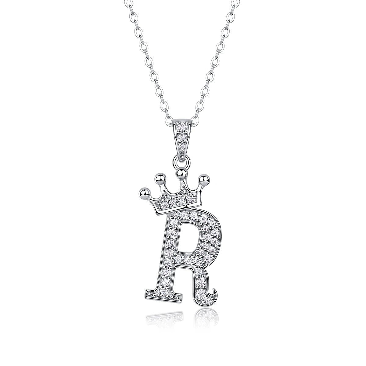 Moissanite Crown Alphabet Pendant Necklace | S925 Silver 18K Gold Plated | 35 VVS1 Stones | A–Z | Charmsolo