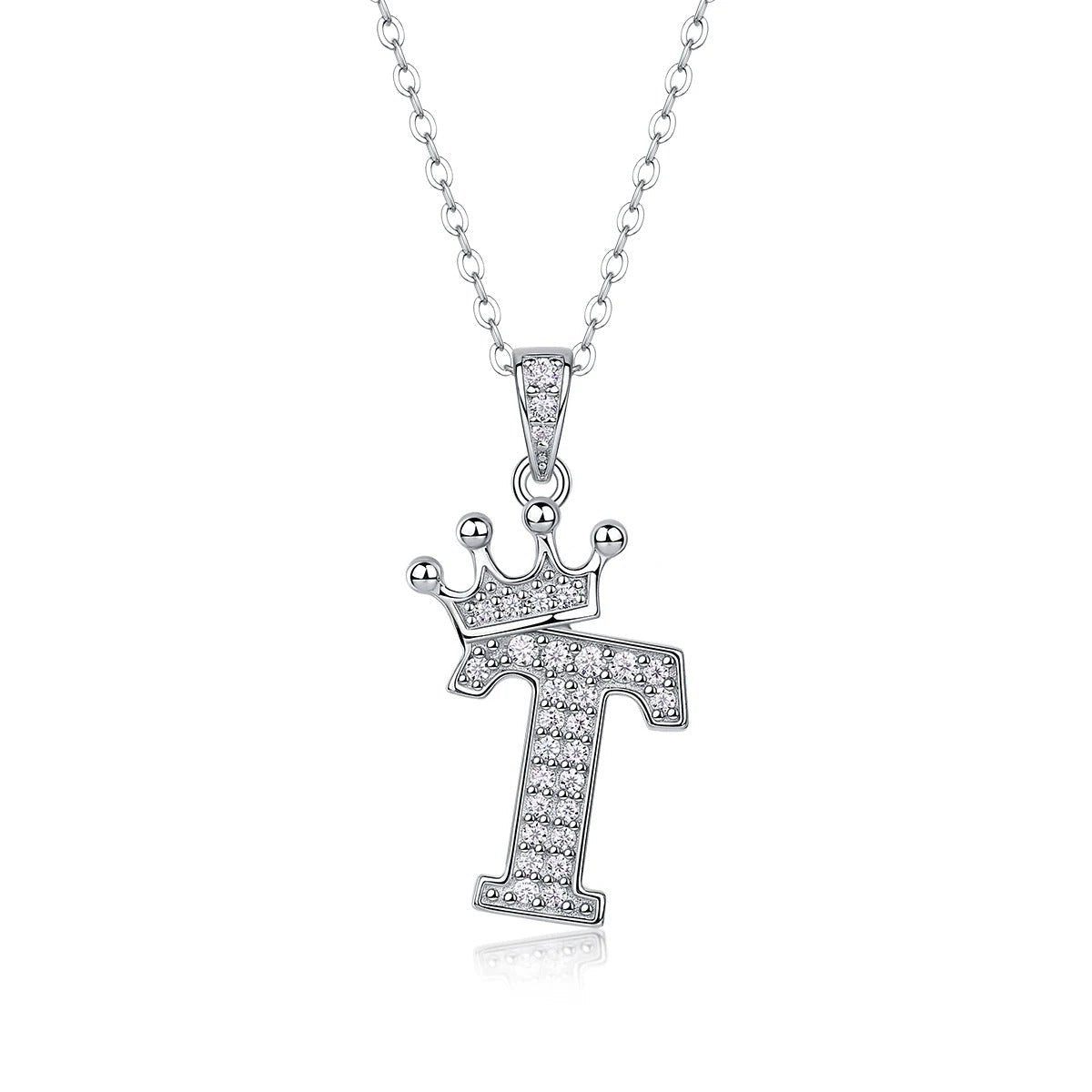 Moissanite Crown Alphabet Pendant Necklace | S925 Silver 18K Gold Plated | 35 VVS1 Stones | A–Z | Charmsolo