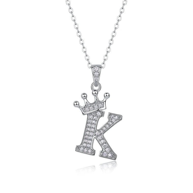 Moissanite Crown Alphabet Pendant Necklace | S925 Silver 18K Gold Plated | 35 VVS1 Stones | A–Z | Charmsolo