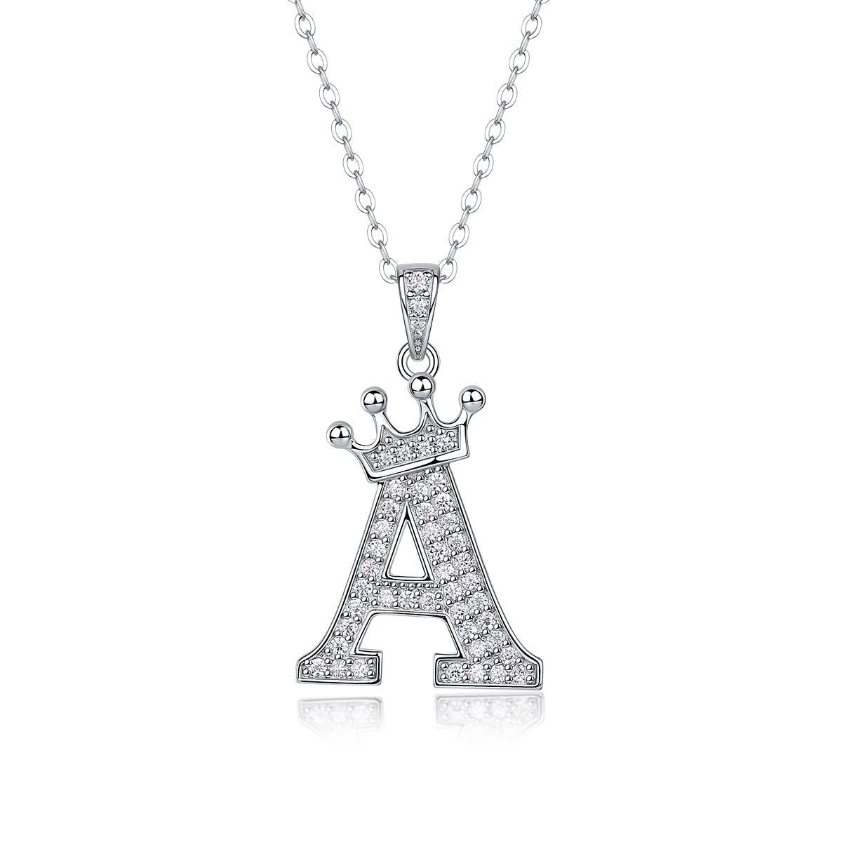 Moissanite Crown Alphabet Pendant Necklace | S925 Silver 18K Gold Plated | 35 VVS1 Stones | A–Z | Charmsolo