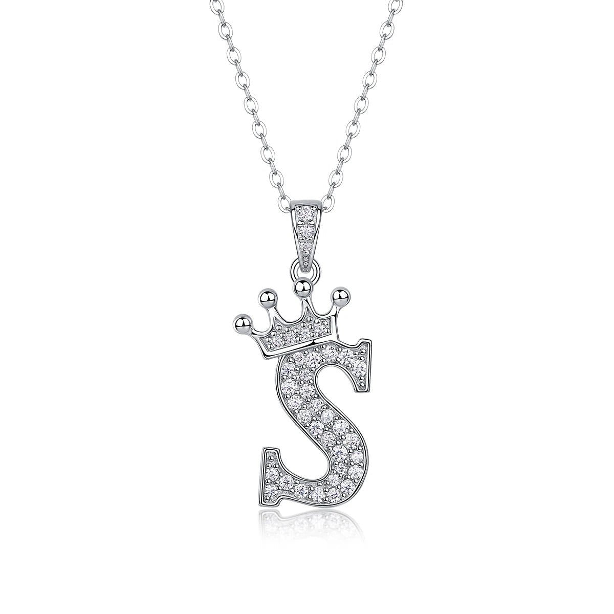 Moissanite Crown Alphabet Pendant Necklace | S925 Silver 18K Gold Plated | 35 VVS1 Stones | A–Z | Charmsolo