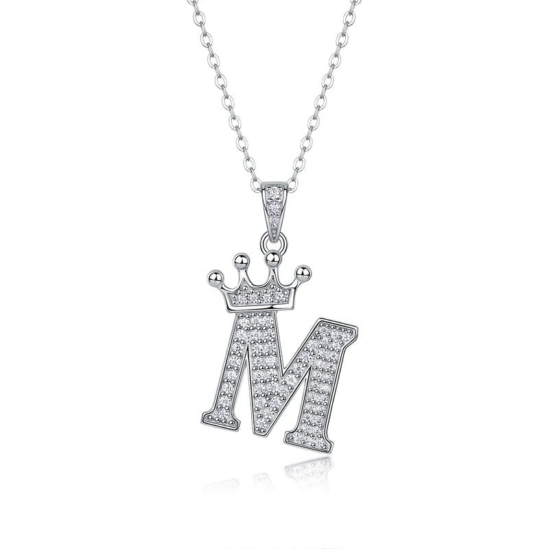 Moissanite Crown Alphabet Pendant Necklace | S925 Silver 18K Gold Plated | 35 VVS1 Stones | A–Z | Charmsolo