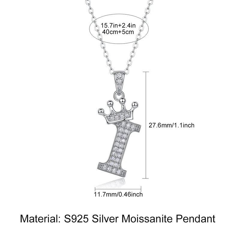 Moissanite Crown Alphabet Pendant Necklace | S925 Silver 18K Gold Plated | 35 VVS1 Stones | A–Z | Charmsolo