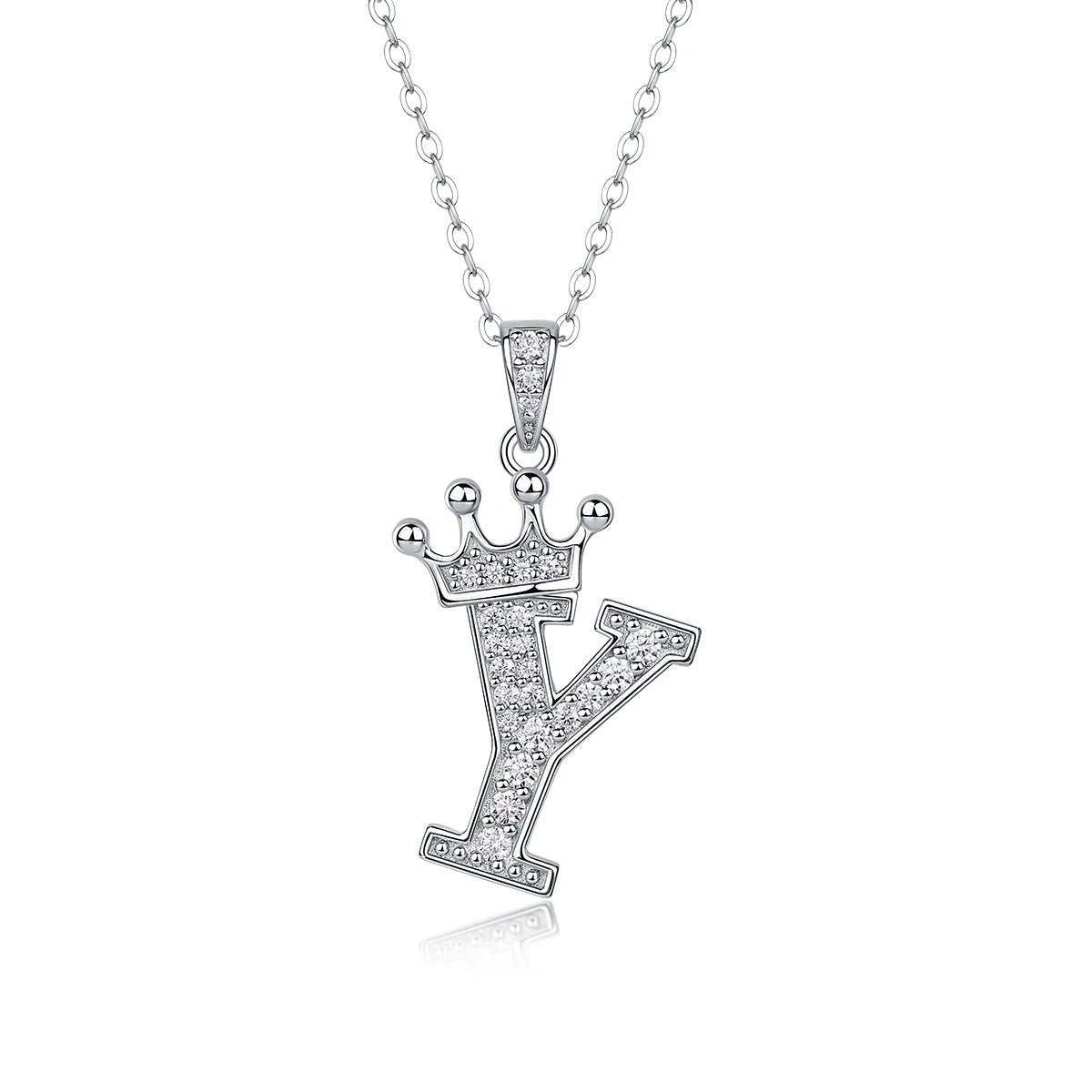 Moissanite Crown Alphabet Pendant Necklace | S925 Silver 18K Gold Plated | 35 VVS1 Stones | A–Z | Charmsolo