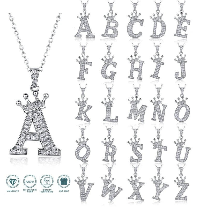 Moissanite Crown Alphabet Pendant Necklace | S925 Silver 18K Gold Plated | 35 VVS1 Stones | A–Z | Charmsolo