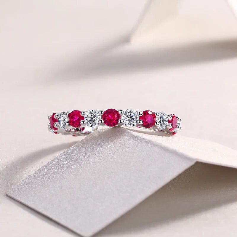 Moissanite & Ruby / Sapphire / Emerald Alternating Ring 925 Silver 18K Gold GRA | Charmsolo