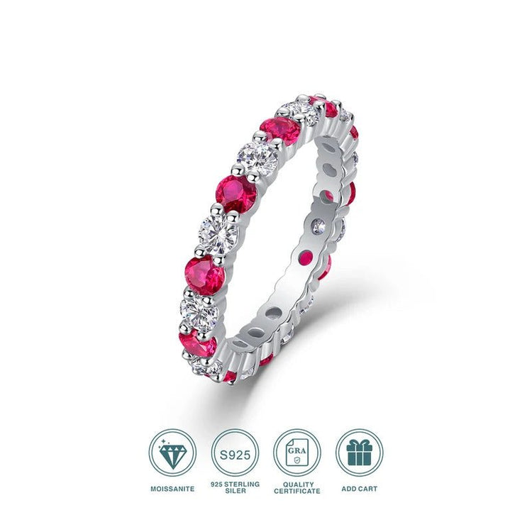Moissanite & Ruby / Sapphire / Emerald Alternating Ring 925 Silver 18K Gold GRA | Charmsolo
