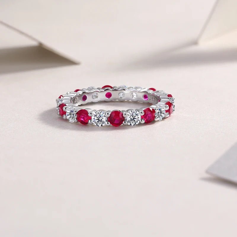 Moissanite & Ruby / Sapphire / Emerald Alternating Ring 925 Silver 18K Gold GRA | Charmsolo