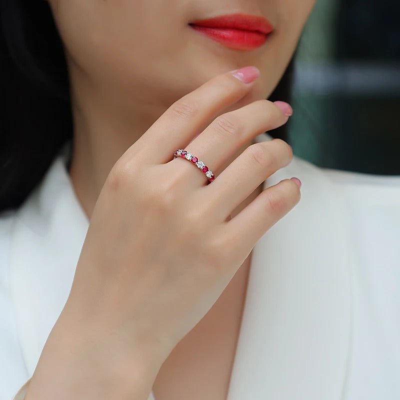 Moissanite & Ruby / Sapphire / Emerald Alternating Ring 925 Silver 18K Gold GRA | Charmsolo