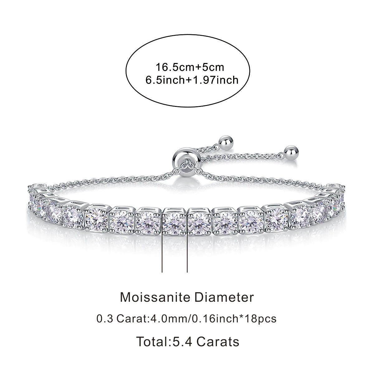 Moissanite Tennis Bracelet | S925 Silver 18K Gold Plated | 18 × 0.5ct VVS1 D-Color | Adjustable 14–20cm | GRA | Charmsolo