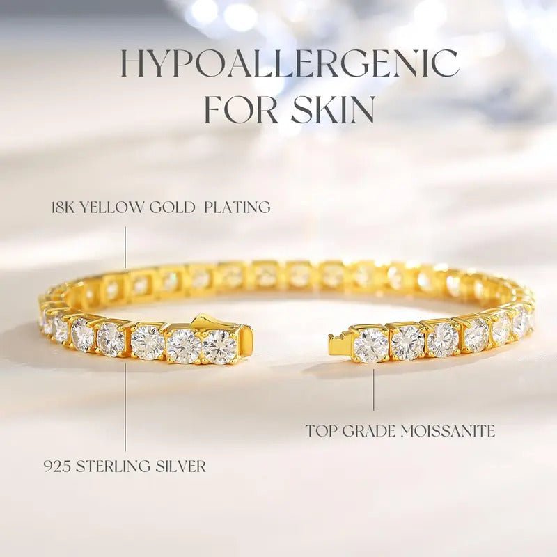 Moissanite Tennis Chain Bracelet | S925 Silver Thick 18K Gold Plated | 2mm & 3mm VVS1 D-Color | 4.7–5.9ct | Instagram Style | Charmsolo