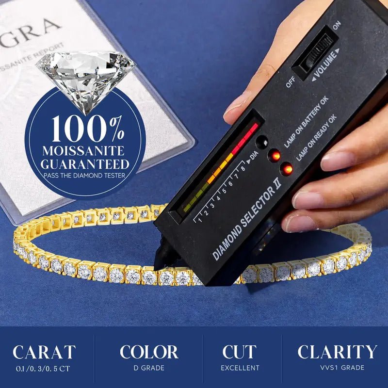 Moissanite Tennis Chain Bracelet | S925 Silver Thick 18K Gold Plated | 2mm & 3mm VVS1 D-Color | 4.7–5.9ct | Instagram Style | Charmsolo