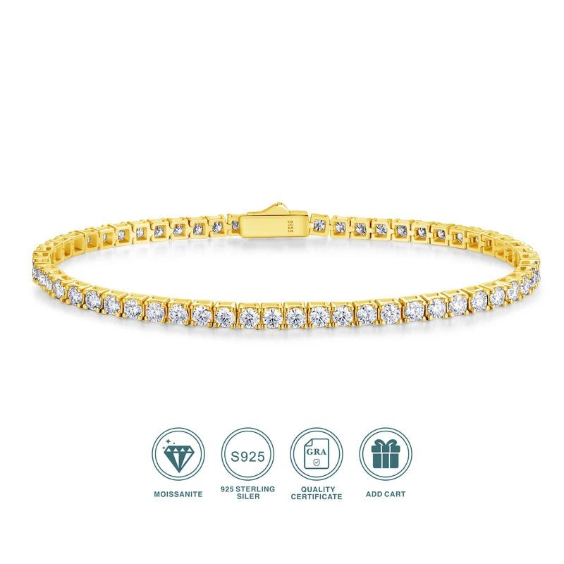 Moissanite Tennis Chain Bracelet | S925 Silver Thick 18K Gold Plated | 2mm & 3mm VVS1 D-Color | 4.7–5.9ct | Instagram Style | Charmsolo