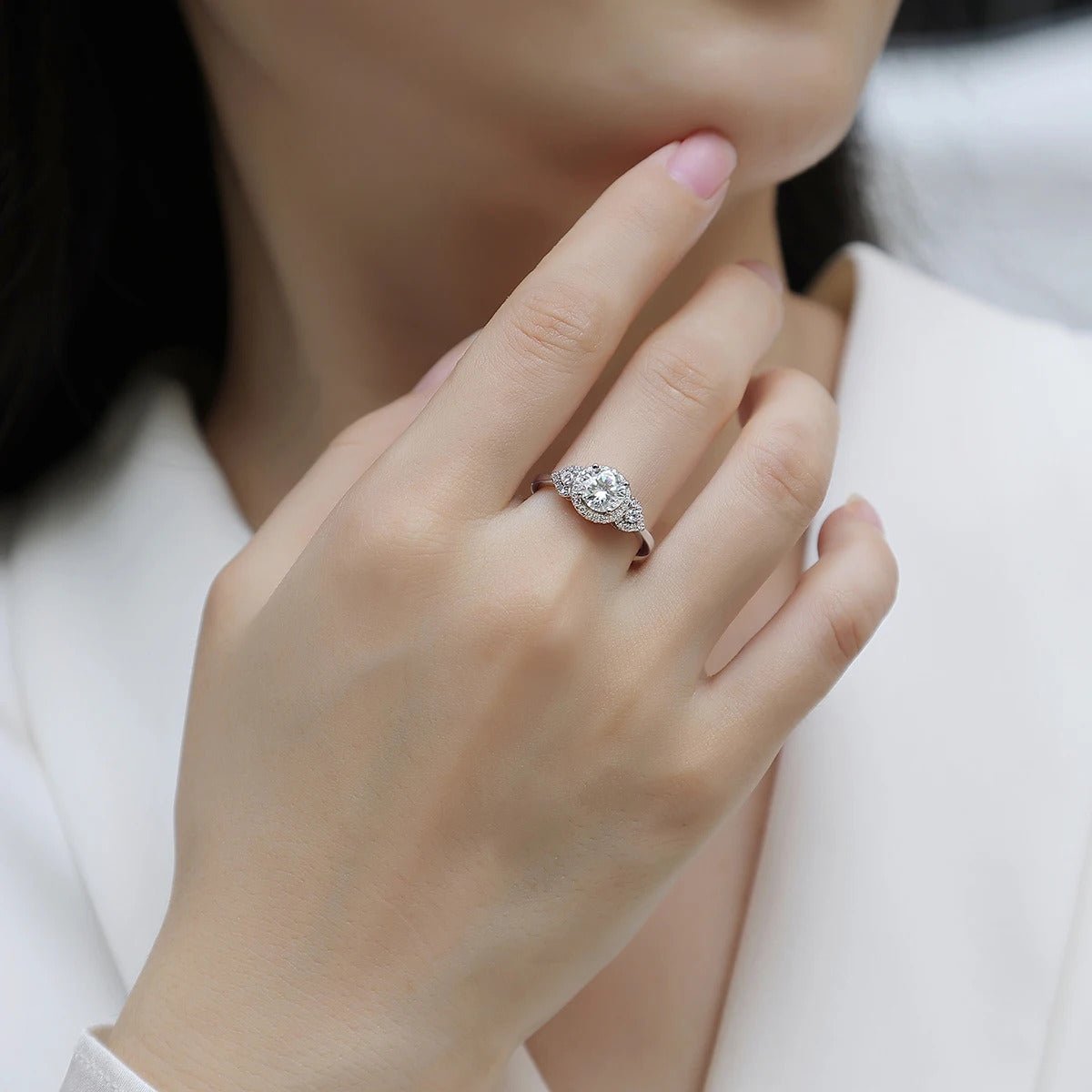 Moissanite Three-Stone Halo Ring | S925 Silver Full Pavé Zircon | Ins-Style Luxury | Charmsolo