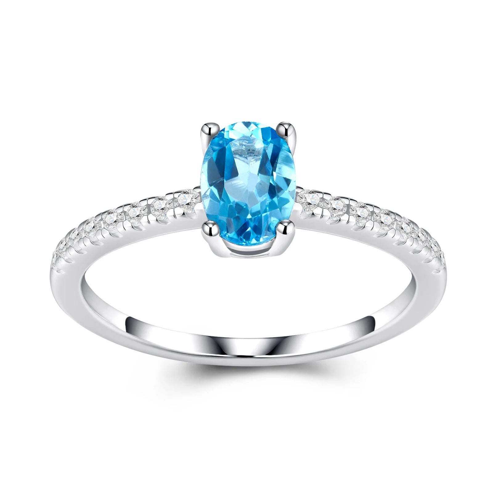 Oval Blue Topaz & CZ Halo Ring | S925 Silver 18K Gold Plated | 5×7mm Egg-Shape Center | 16 Pavé Stones | Charmsolo