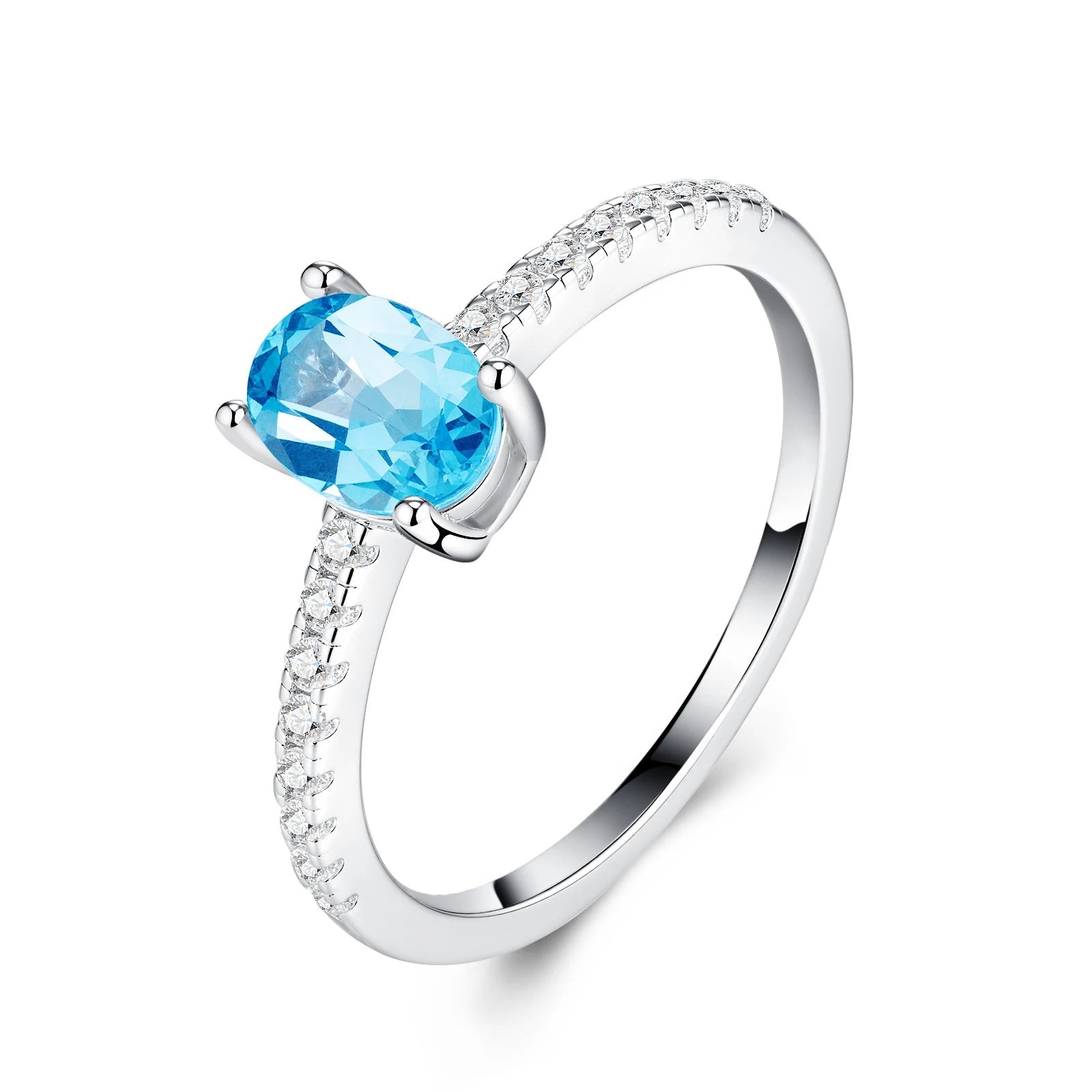 Oval Blue Topaz & CZ Halo Ring | S925 Silver 18K Gold Plated | 5×7mm Egg-Shape Center | 16 Pavé Stones | Charmsolo