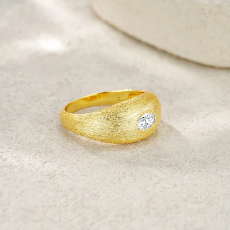 Oval Moissanite Bezel Ring | S925 Silver 18K Gold Plated Matte Finish | Eight Hearts & Arrows | GRA Certified | Charmsolo