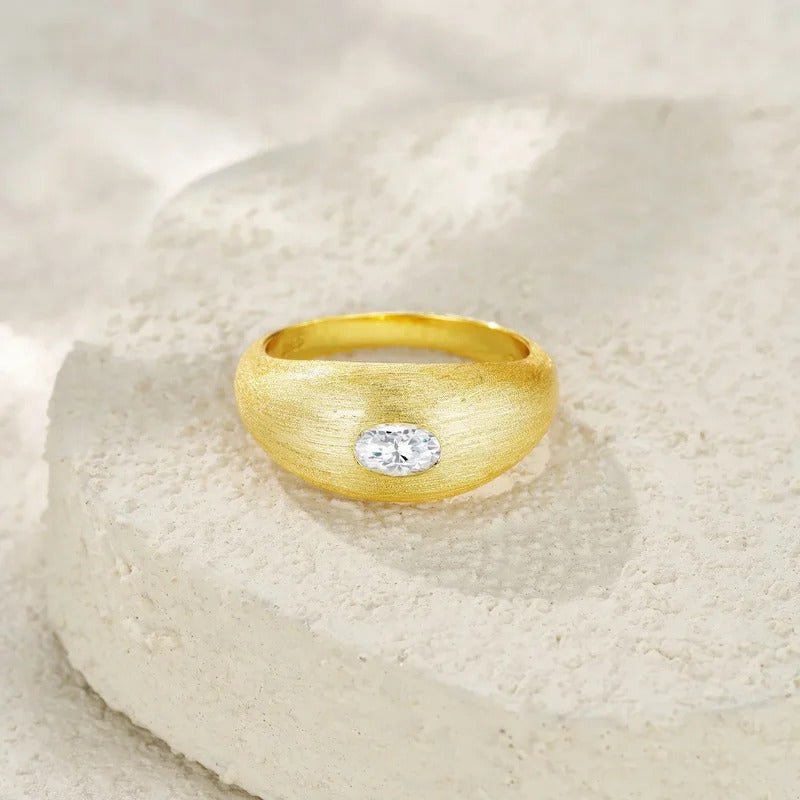 Oval Moissanite Bezel Ring | S925 Silver 18K Gold Plated Matte Finish | Eight Hearts & Arrows | GRA Certified | Charmsolo
