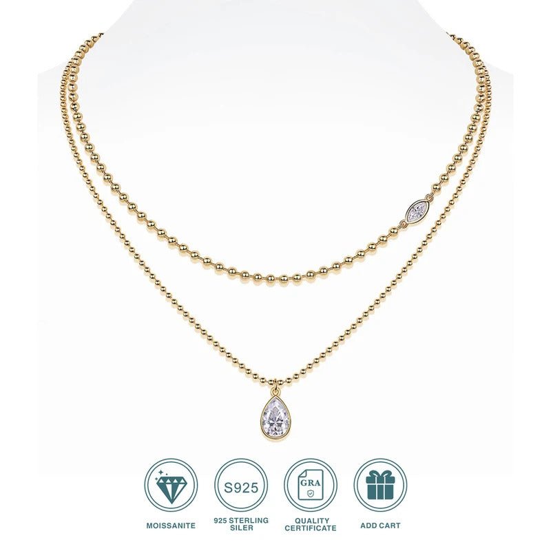 Pear-Cut Moissanite Multi-Layer Bead Chain Necklace | S925 Silver 18K Gold Plated | 8×12mm VVS1 | GRA Certified | Charmsolo
