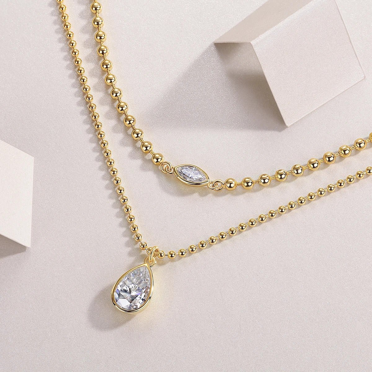 Pear-Cut Moissanite Multi-Layer Bead Chain Necklace | S925 Silver 18K Gold Plated | 8×12mm VVS1 | GRA Certified | Charmsolo