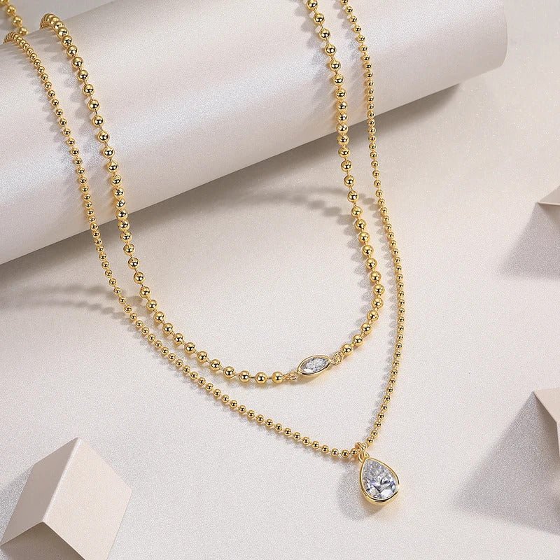 Pear-Cut Moissanite Multi-Layer Bead Chain Necklace | S925 Silver 18K Gold Plated | 8×12mm VVS1 | GRA Certified | Charmsolo
