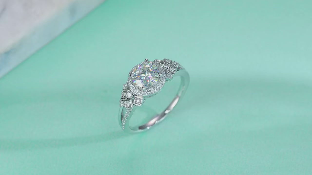 Charmsolo 1Ct Moissanite Halo Ring | S925 Silver 18K White Gold Plated | VVS1 D Color Geometric Vintage | R13327