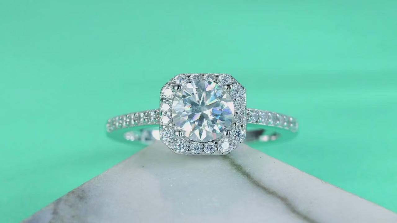 Charmsolo 1ct Moissanite Engagement Ring | Octagon Halo Pavé Band | S925 Silver 18K White Gold Plated | Sugar Cube Cut