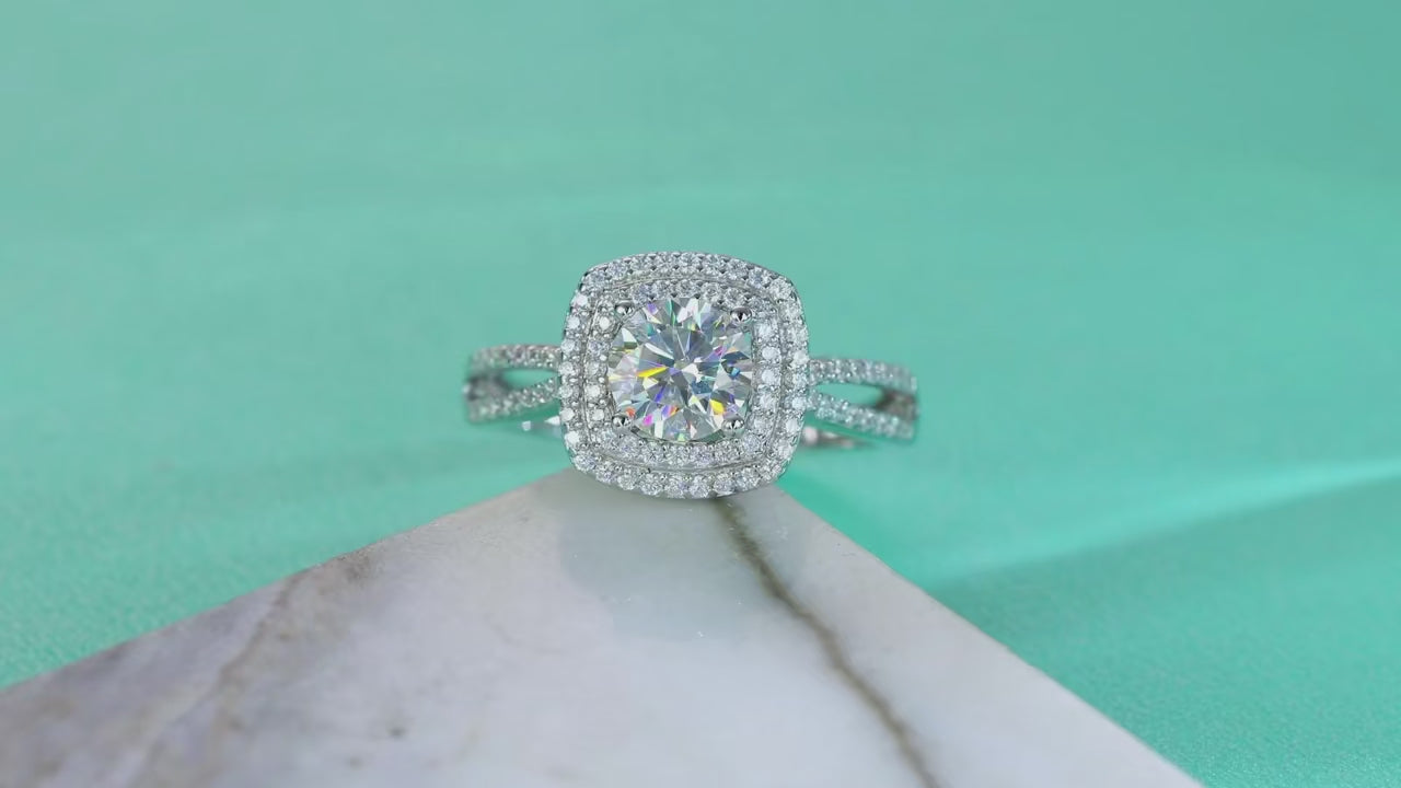 1Ct D Color VVS1 Moissanite Halo & Pavé Ring | 925 Silver 18K White Gold Plated