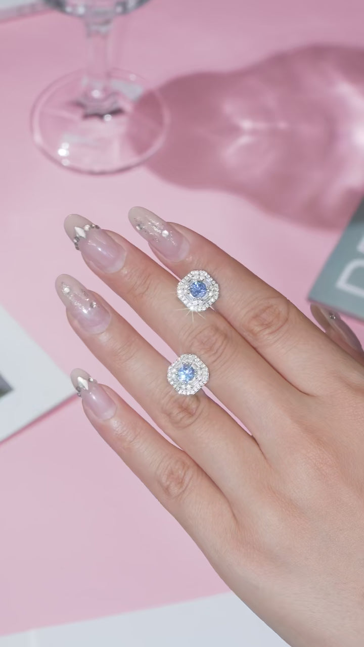 Charmsolo Lab Blue Sapphire Halo Stud Earrings | S925 Silver 18K Gold Plated | Baguette Zircon Halo | E13514-SP