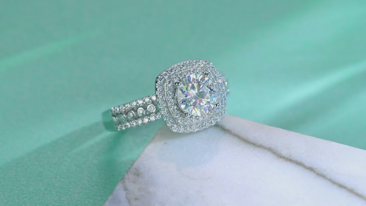 1Ct Moissanite Double Halo Wedding Ring | S925 Silver 18K White Gold Plated | Charmsolo