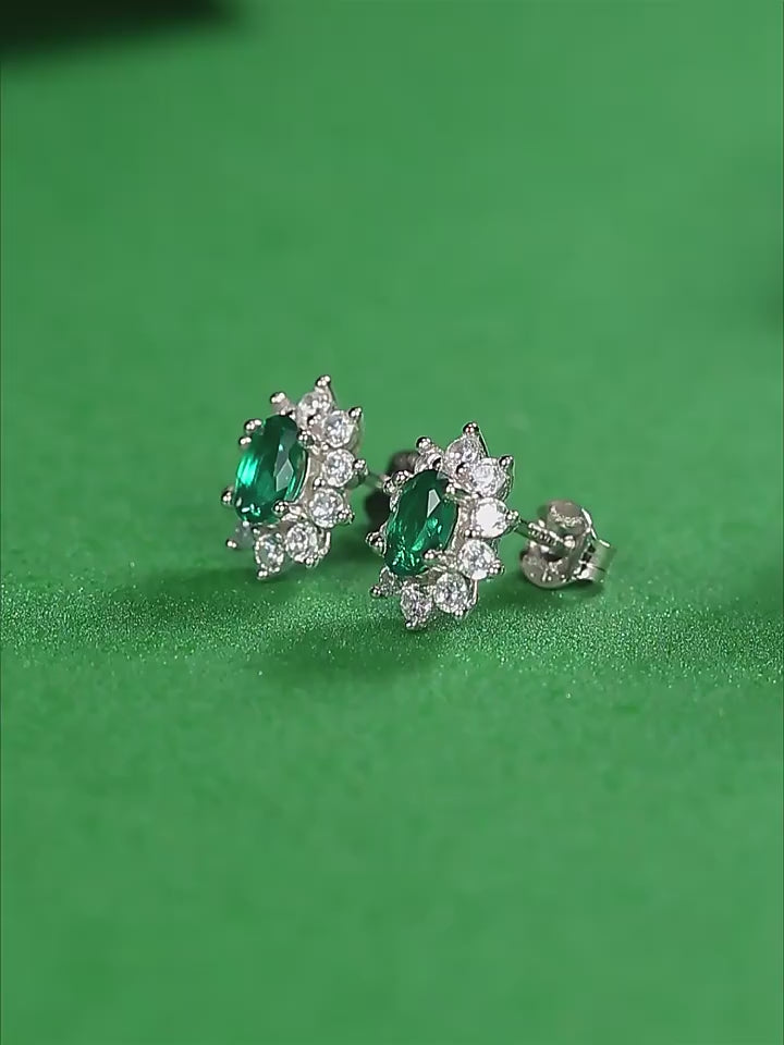 Charmsolo Cultured Emerald Sunflower 3-Piece jewelry Set | S925 Silver 18K White Gold | Oval Emerald Zircon Pavé Earrings Pendant Ring | SE10735