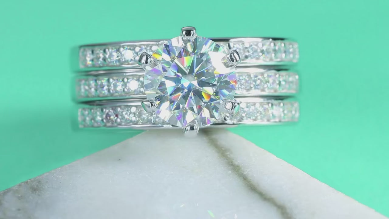 Charmsolo 2Ct Moissanite 3-Piece Bridal Ring Set | S925 Silver 18K White Gold | VVS1 D Color 8mm Tassel Pavé Stacking Wedding | R13096