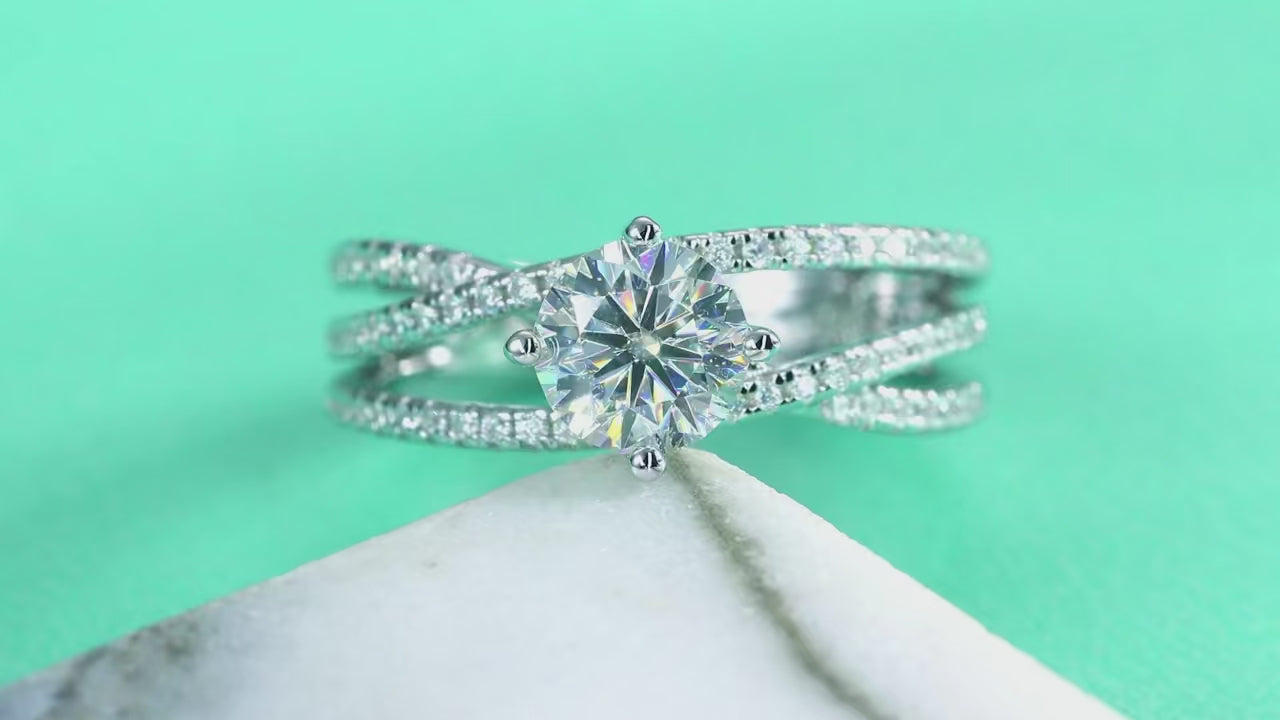 Charmsolo 1Ct Moissanite Crown Ring | S925 Silver 18K White Gold Plated | VVS1 D Color Twisted Split Band GRA Certified | R13235