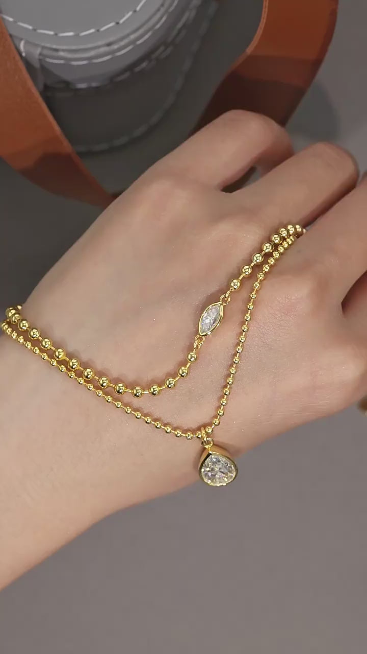 Pear-Cut Moissanite Multi-Layer Bead Chain Necklace | S925 Silver 18K Gold Plated | 8×12mm VVS1 | GRA Certified | Charmsolo