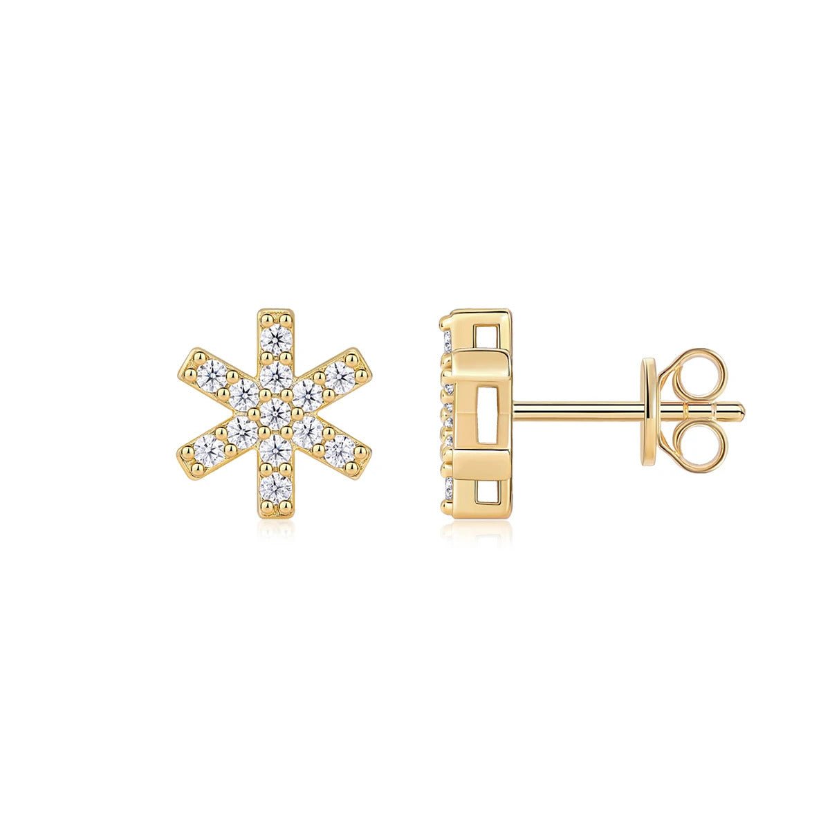 Snowflake Moissanite Stud Earrings | 925 Silver 18K Yellow Gold Plated | 26 VVS1 D Color Stones
