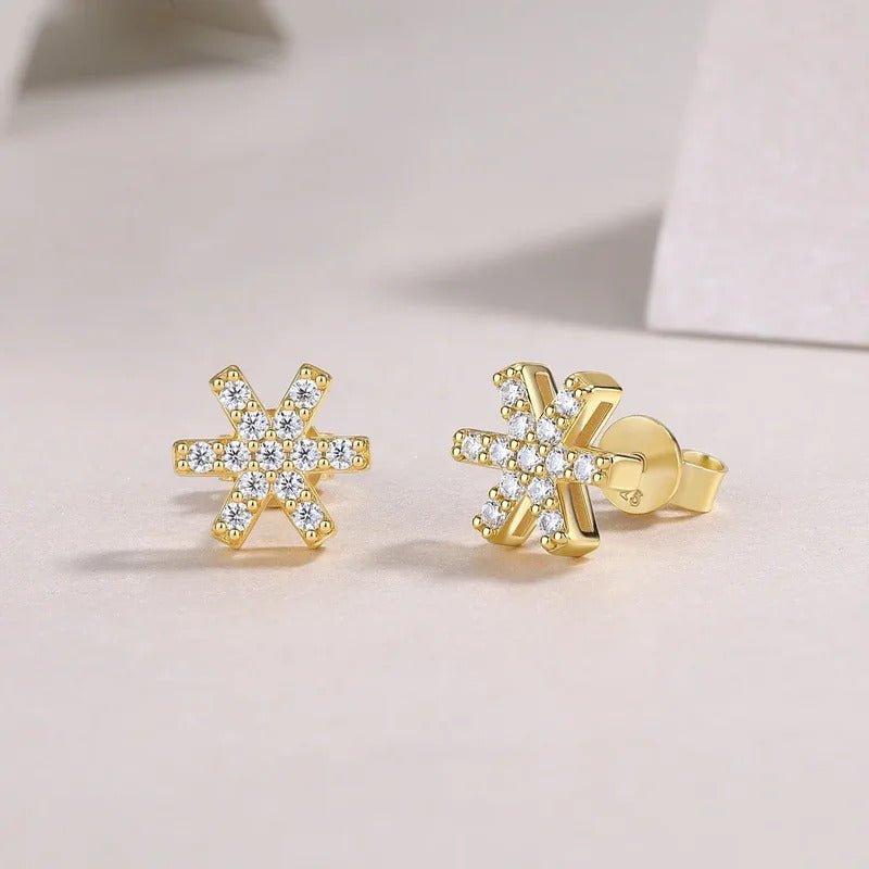 Snowflake Moissanite Stud Earrings | 925 Silver 18K Yellow Gold Plated | 26 VVS1 D Color Stones