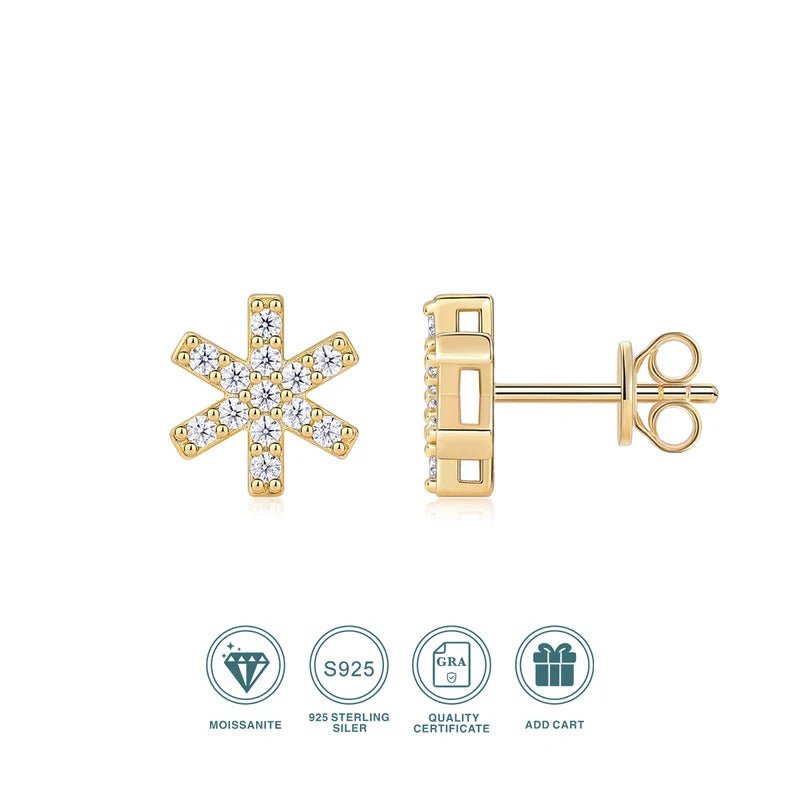Snowflake Moissanite Stud Earrings | 925 Silver 18K Yellow Gold Plated | 26 VVS1 D Color Stones