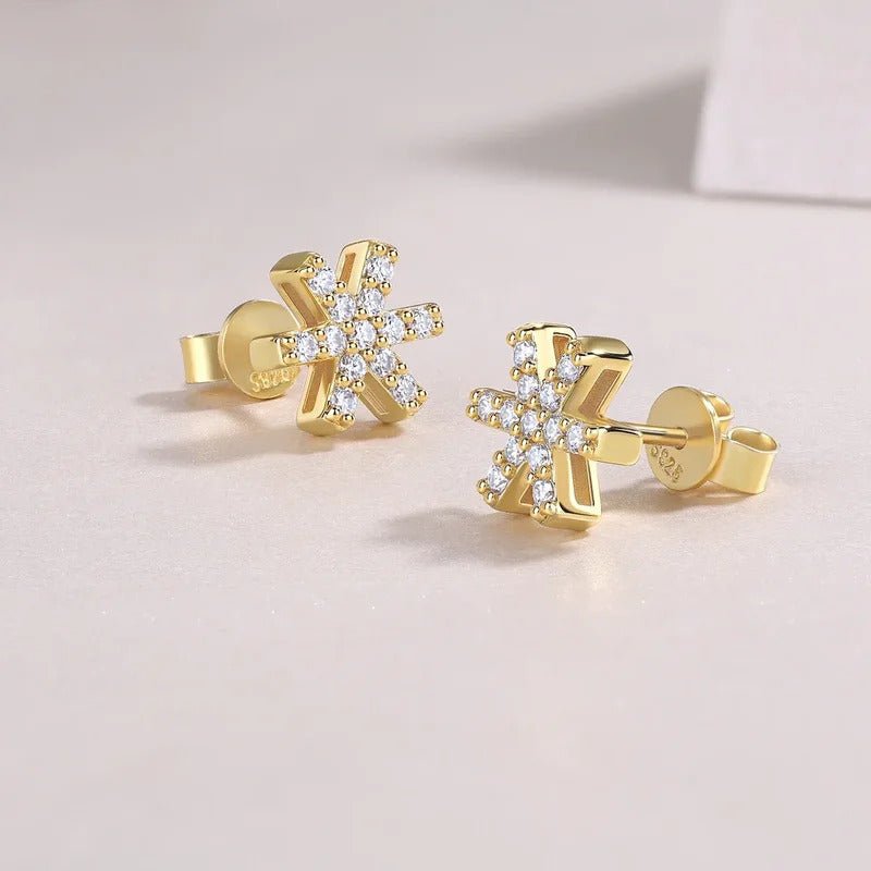 Snowflake Moissanite Stud Earrings | 925 Silver 18K Yellow Gold Plated | 26 VVS1 D Color Stones
