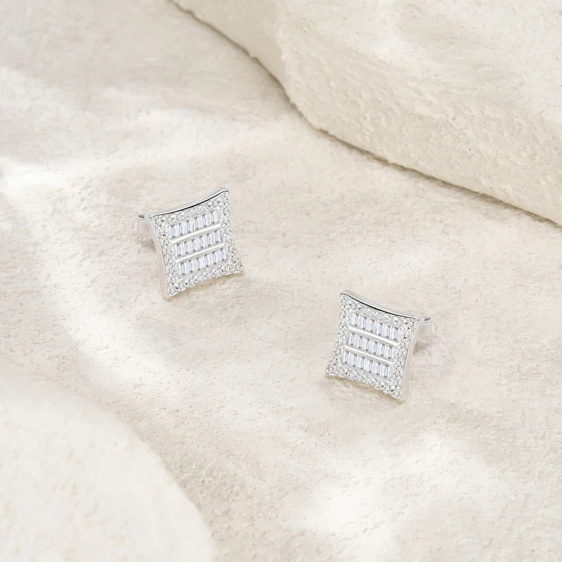 Square Multi-Row Baguette Moissanite Stud Earrings | S925 Silver 18K Gold Plated | Dual Certified | Charmsolo