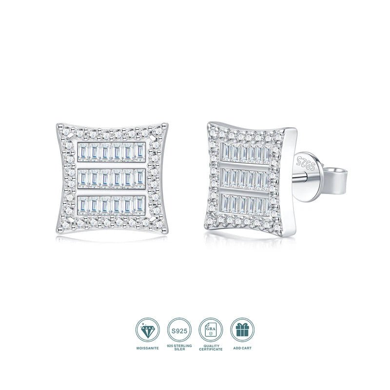 Square Multi-Row Baguette Moissanite Stud Earrings | S925 Silver 18K Gold Plated | Dual Certified | Charmsolo