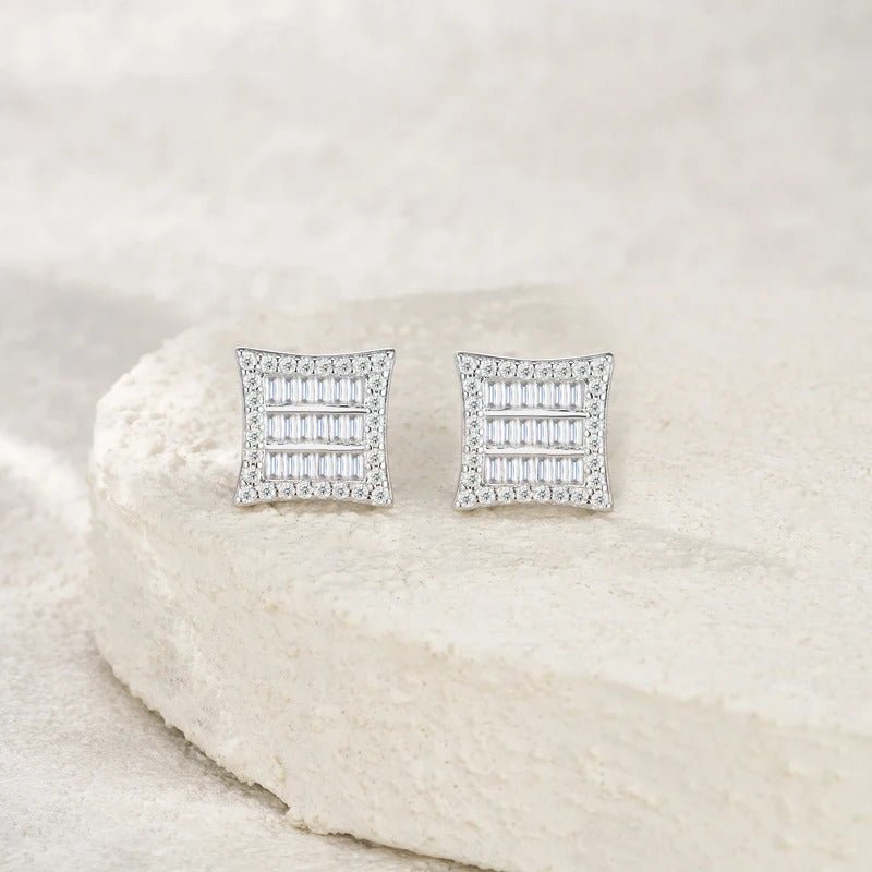 Square Multi-Row Baguette Moissanite Stud Earrings | S925 Silver 18K Gold Plated | Dual Certified | Charmsolo