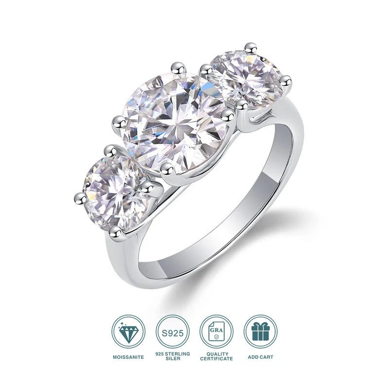 Three Lives Stone Moissanite Ring | S925 Silver 18K Gold Plated | Three-Stone Eight Hearts & Arrows | GRA Certified | Charmsolo