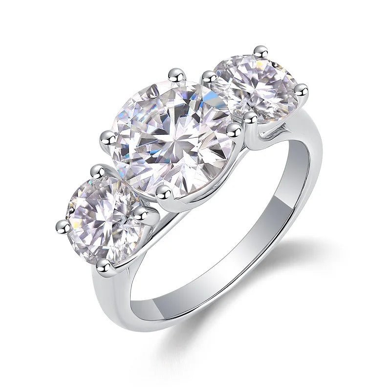 Three Lives Stone Moissanite Ring | S925 Silver 18K Gold Plated | Three-Stone Eight Hearts & Arrows | GRA Certified | Charmsolo