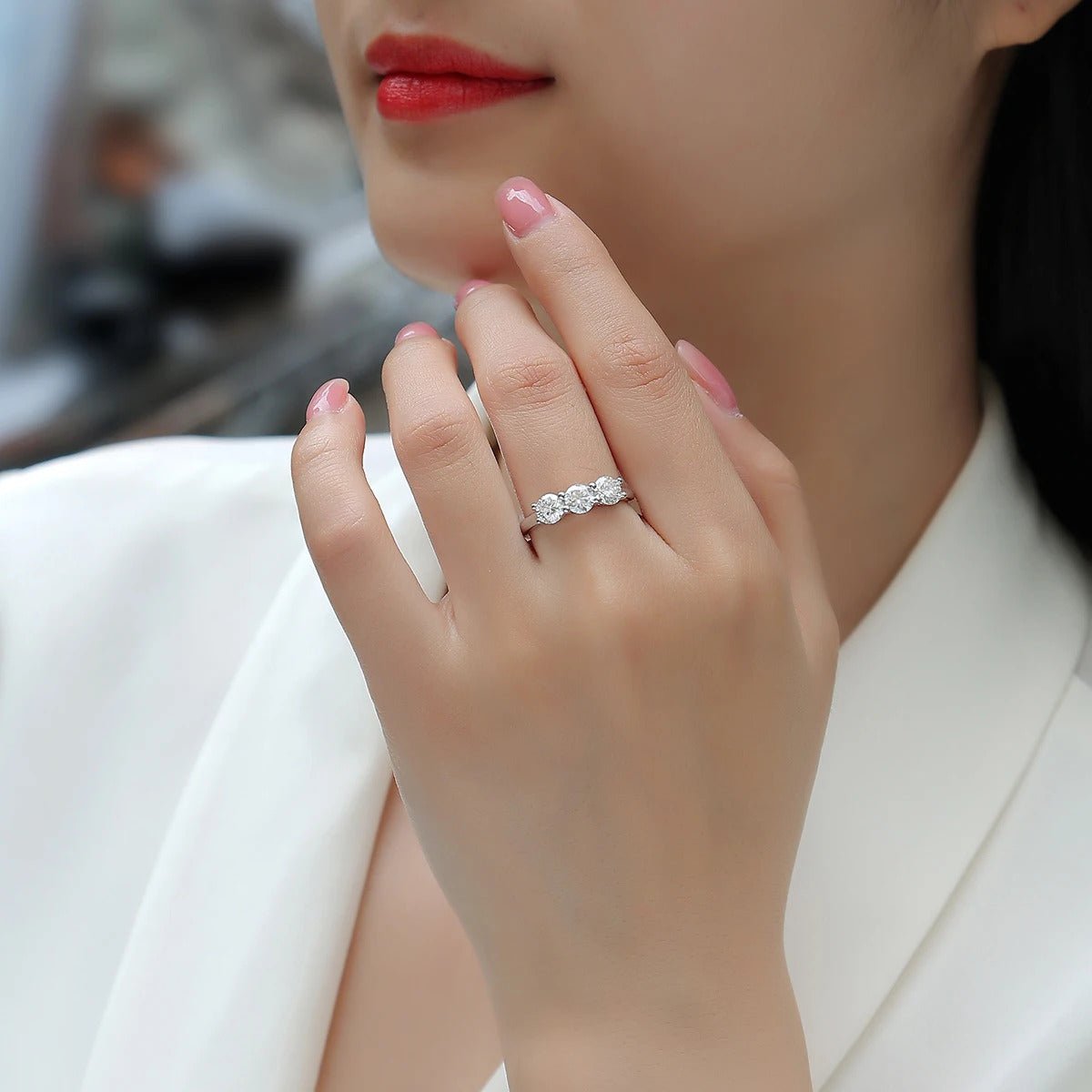 Three-Stone Moissanite Bridal Ring | S925 Silver 18K Gold Plated | 3 × 5mm Eight Hearts & Arrows | GRA Certified | Charmsolo