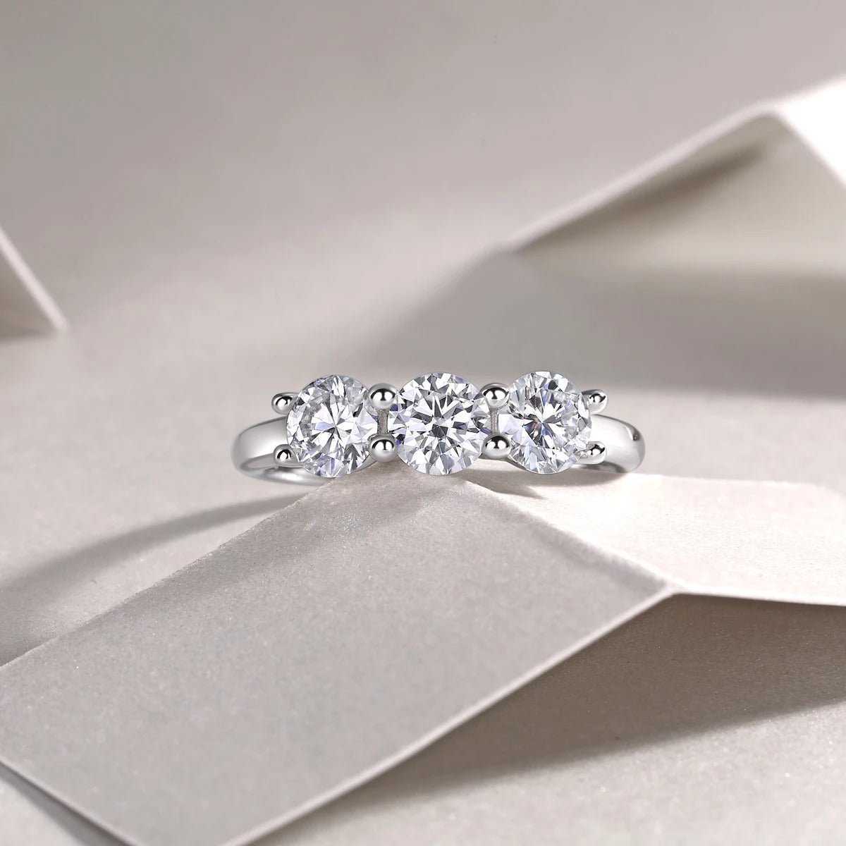 Three-Stone Moissanite Bridal Ring | S925 Silver 18K Gold Plated | 3 × 5mm Eight Hearts & Arrows | GRA Certified | Charmsolo